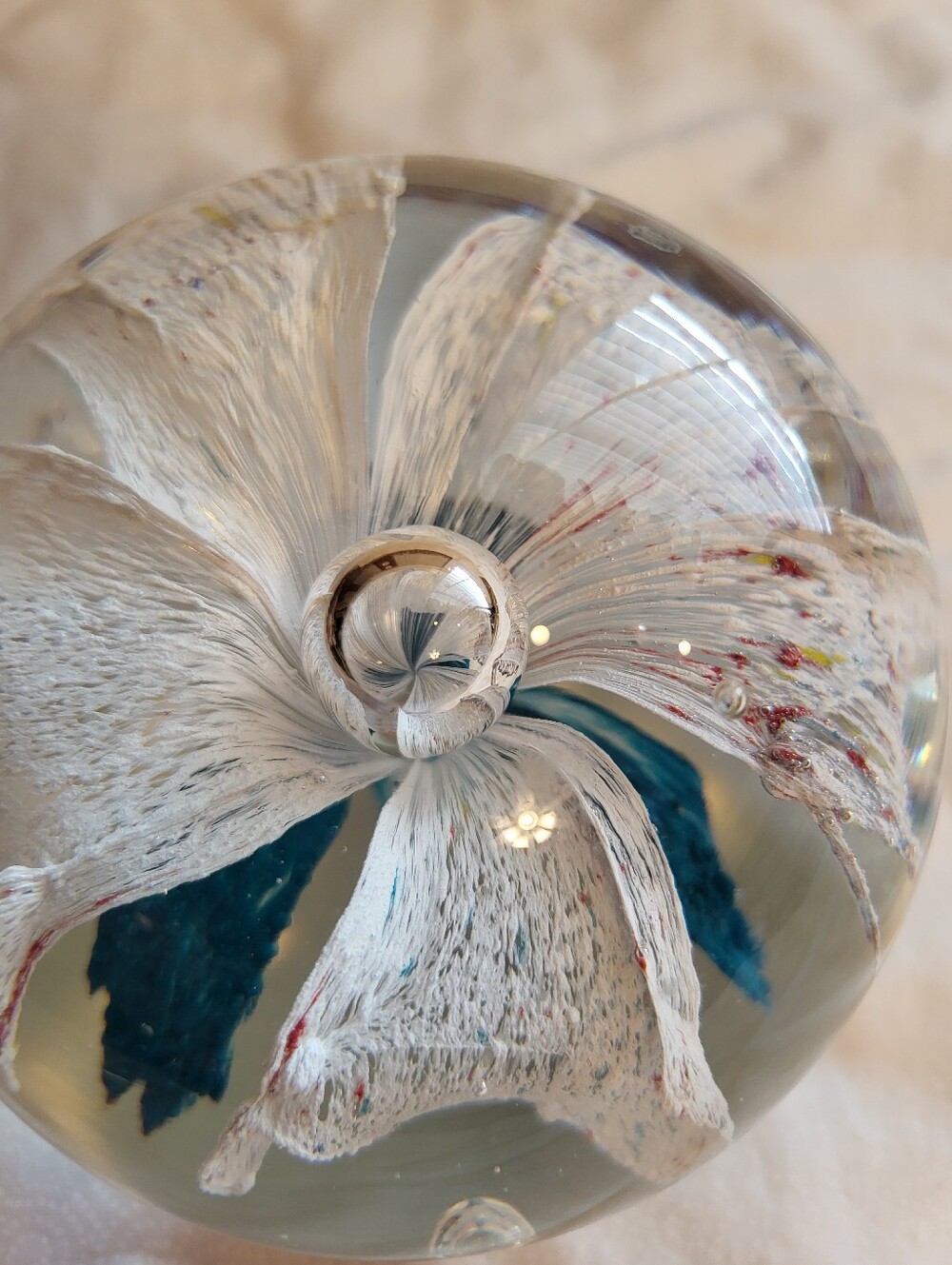 Handblown Glass Art 3 x 3 In. Sphere with White and Teal Floral Core Paperweight - Picture 7 of 10